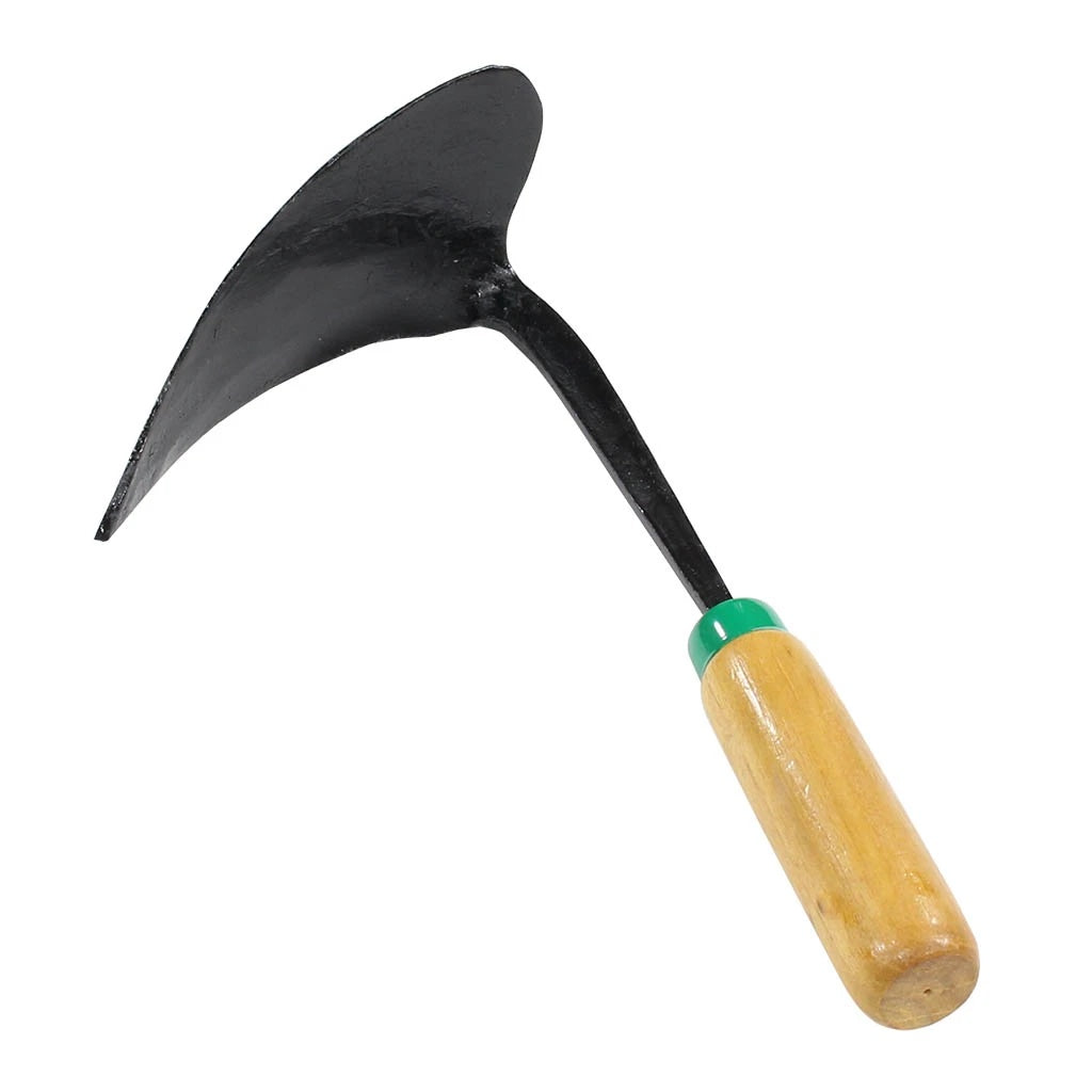 A black, slightly curved tool with a wooden handle.