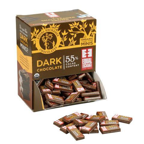 A box displaying a handful of mini dark chocolate bars from Equal Exchange. The bars have brown labels with some yellow-orange and red font.