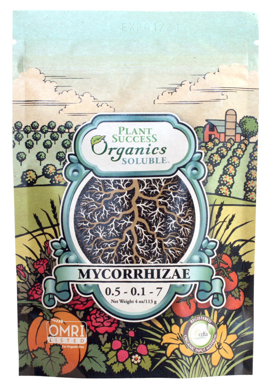 A package with a background of farms, trees, flowers, and a blue sky with white clouds. In the middle is an illustration of roots. The package says, "Plant Success Organics Soluble, Mycorrhizae, 0.5-0.1-7." And in the bottom left hand corner is an OMRI certification.