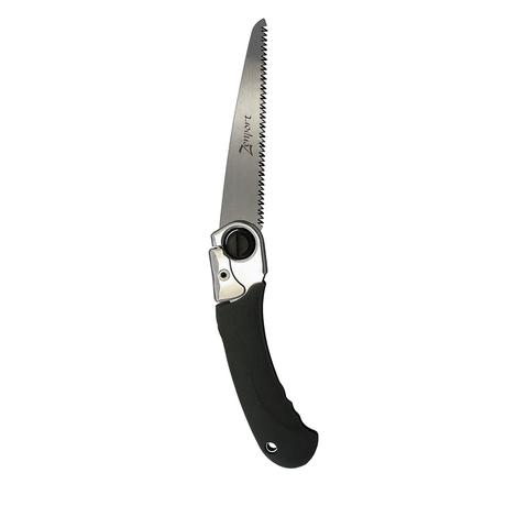 A saw with a sharp, serrated silver blade and a black handle.
