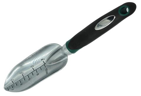 A trowel with a silver blade that has measurements etched into it. It has a black handle with green accents. 