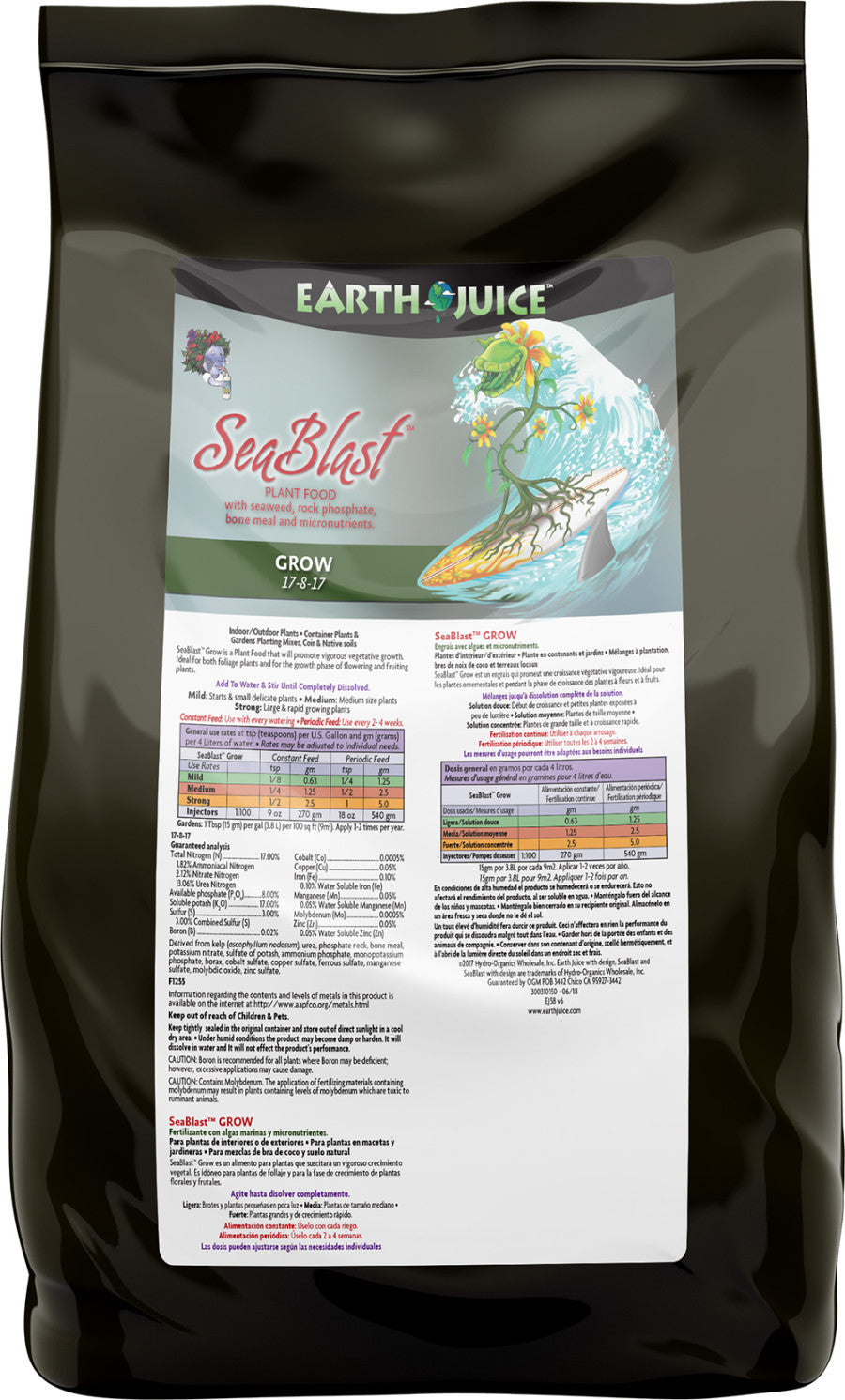 A black rectangular bag with a white nutritional label and above it is a rectangular image of an orange and green carnivorous plant surfing on a blue wave with it's roots exposed.